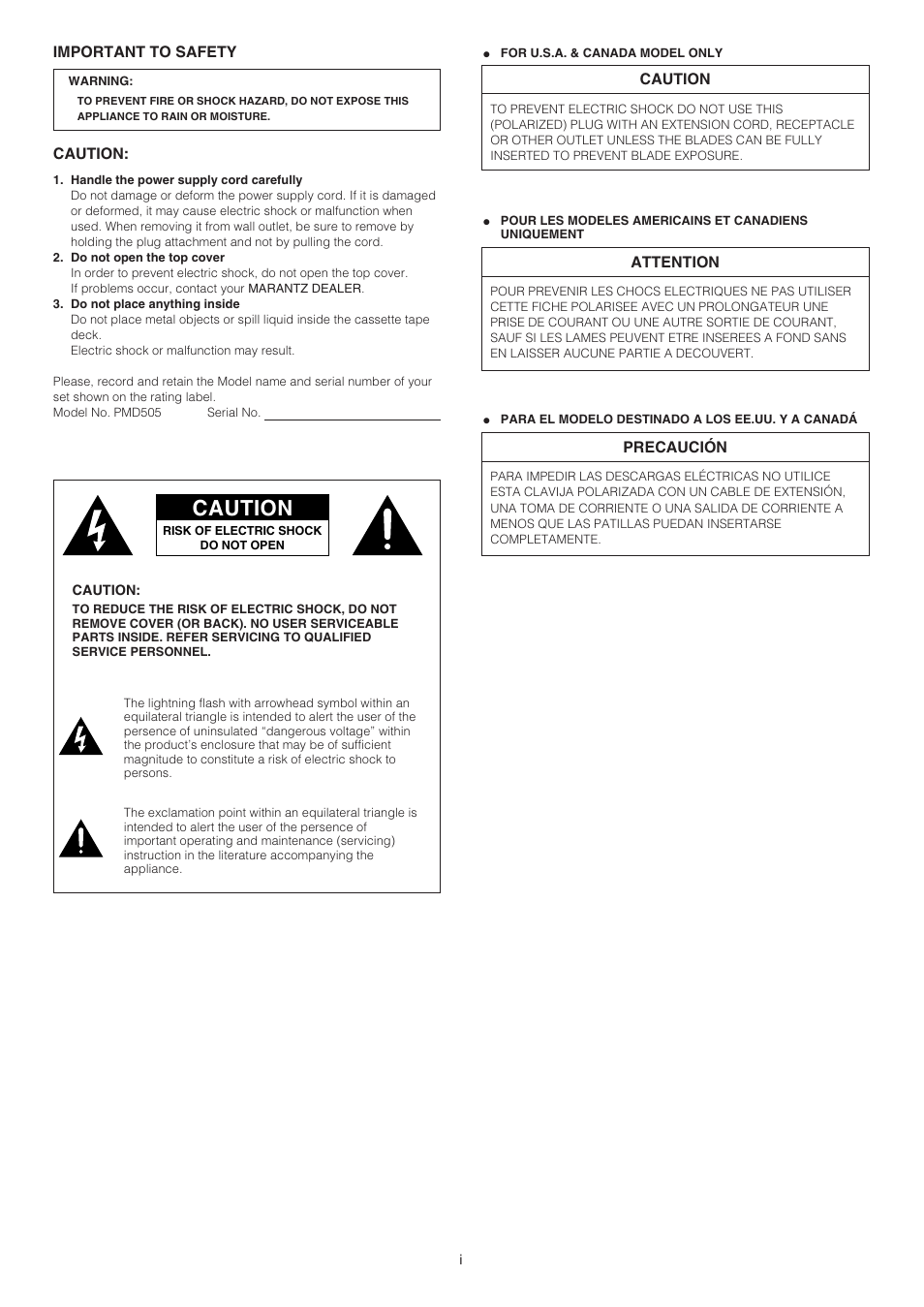 Caution | Marantz PMD505 User Manual | Page 2 / 17