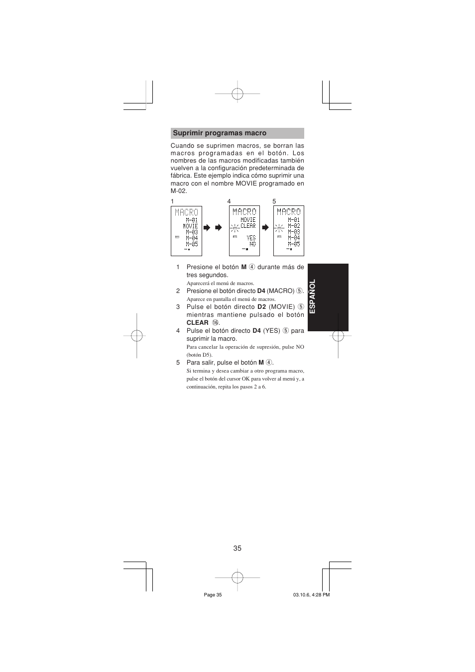 35 espa ñ ol, Suprimir programas macro | Marantz RC1400 User Manual | Page 129 / 191