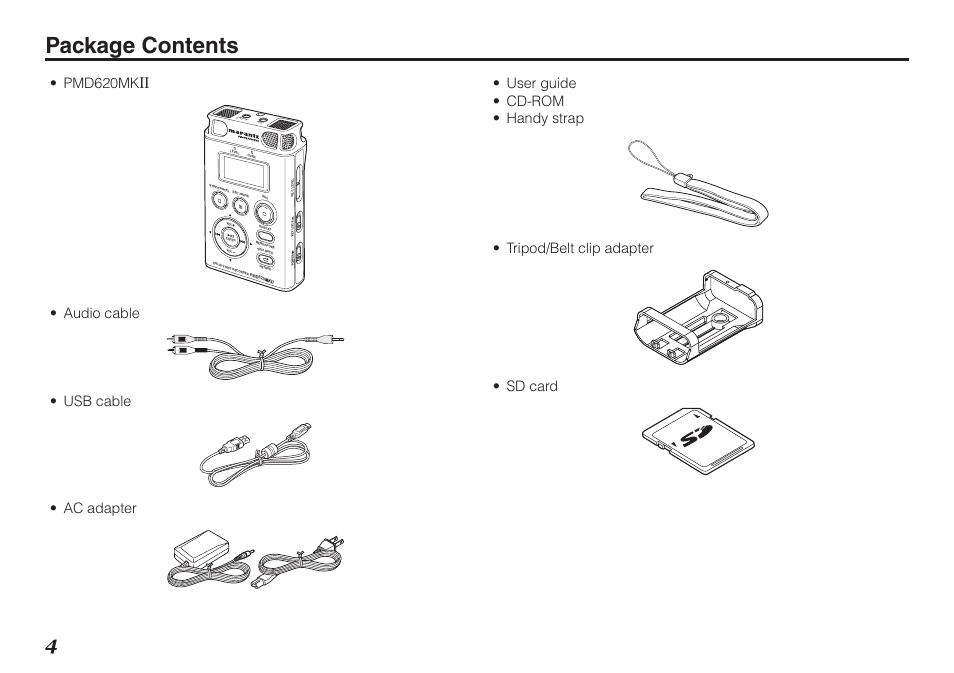 Package contents, Pmd620mk | Marantz PMD620MKII User Manual | Page 16 / 96