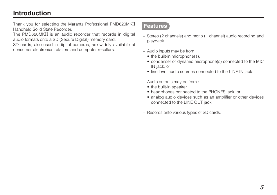 Introduction, Features | Marantz PMD620MKII User Manual | Page 17 / 96