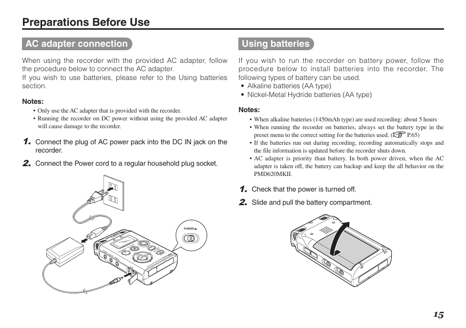 Preparations before use, Ac adapter connection, Using batteries | Check that the power is turned off, Slide and pull the battery compartment | Marantz PMD620MKII User Manual | Page 27 / 96