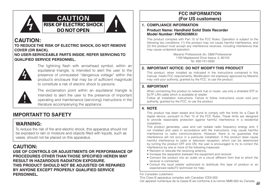 Important to safety warning, Caution, Fcc information (for us customers) | Risk of electric shock do not open | Marantz PMD620MKII User Manual | Page 3 / 96