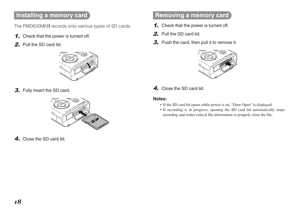 The pmd620mk, Records onto various types of sd cards, Check that the power is turned off | Pull the sd card lid, Fully insert the sd card, Close the sd card lid, Push the card, then pull it to remove it | Marantz PMD620MKII User Manual | Page 30 / 96