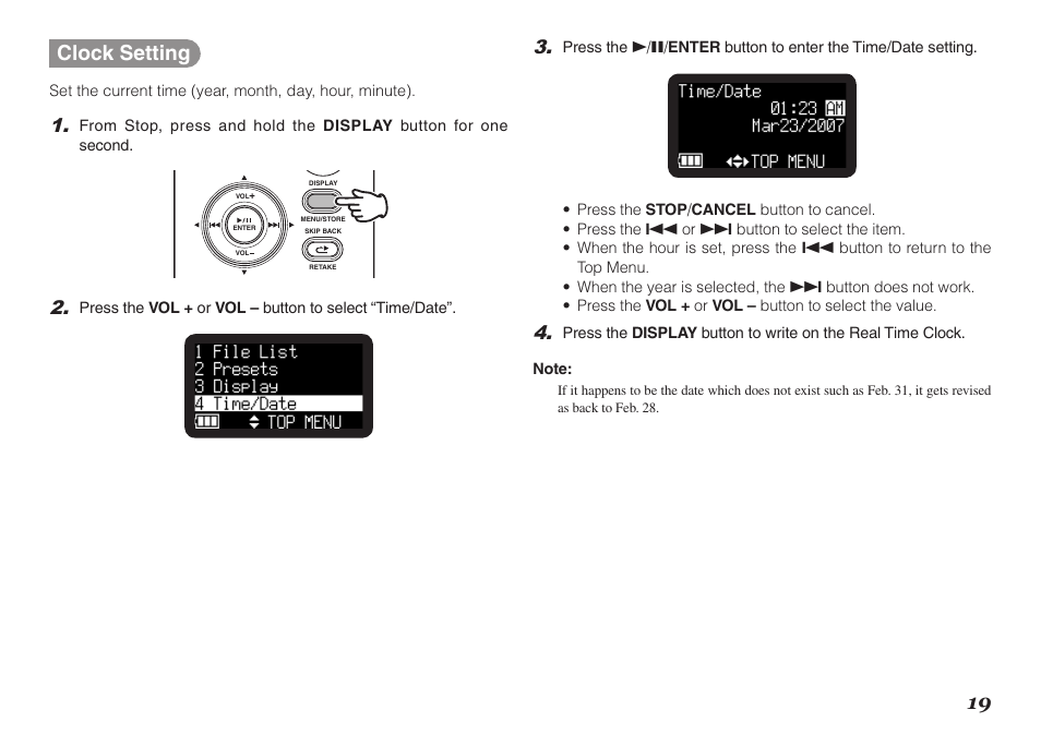 19 clock setting | Marantz PMD620MKII User Manual | Page 31 / 96
