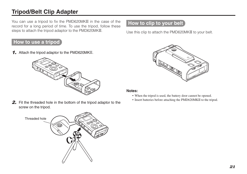 Tripod/belt clip adapter, How to use a tripod, How to clip to your belt | Marantz PMD620MKII User Manual | Page 33 / 96