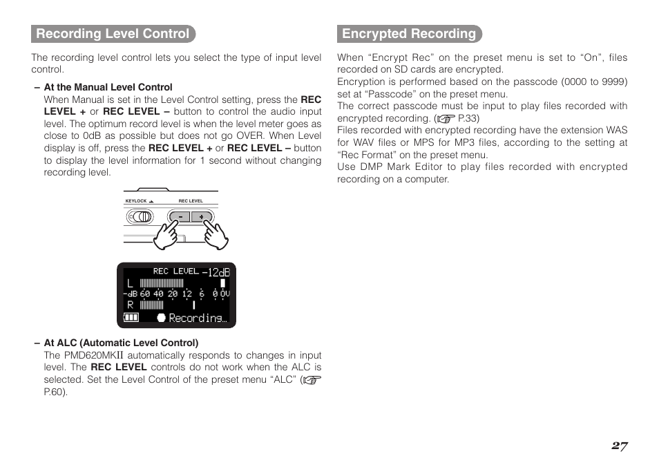 27 recording level control, Encrypted recording | Marantz PMD620MKII User Manual | Page 39 / 96