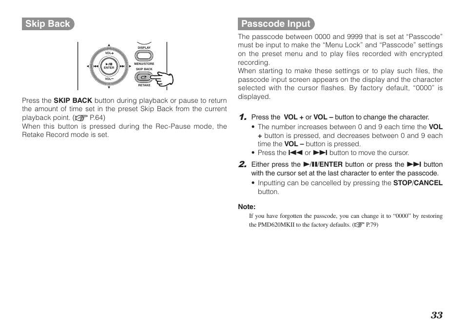 33 skip back, Passcode input | Marantz PMD620MKII User Manual | Page 45 / 96