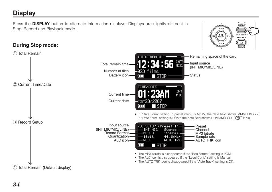 Display, During stop mode | Marantz PMD620MKII User Manual | Page 46 / 96