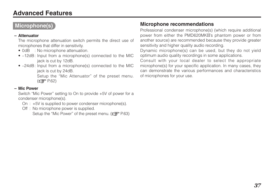Advanced features, Microphone(s) | Marantz PMD620MKII User Manual | Page 49 / 96