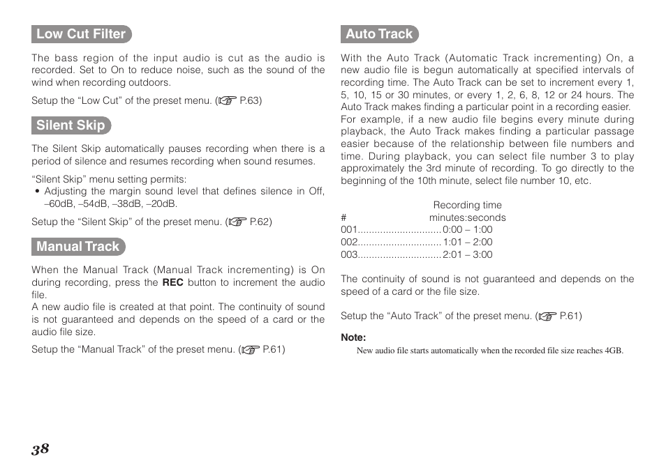 38 low cut filter, Silent skip, Manual track | Auto track | Marantz PMD620MKII User Manual | Page 50 / 96