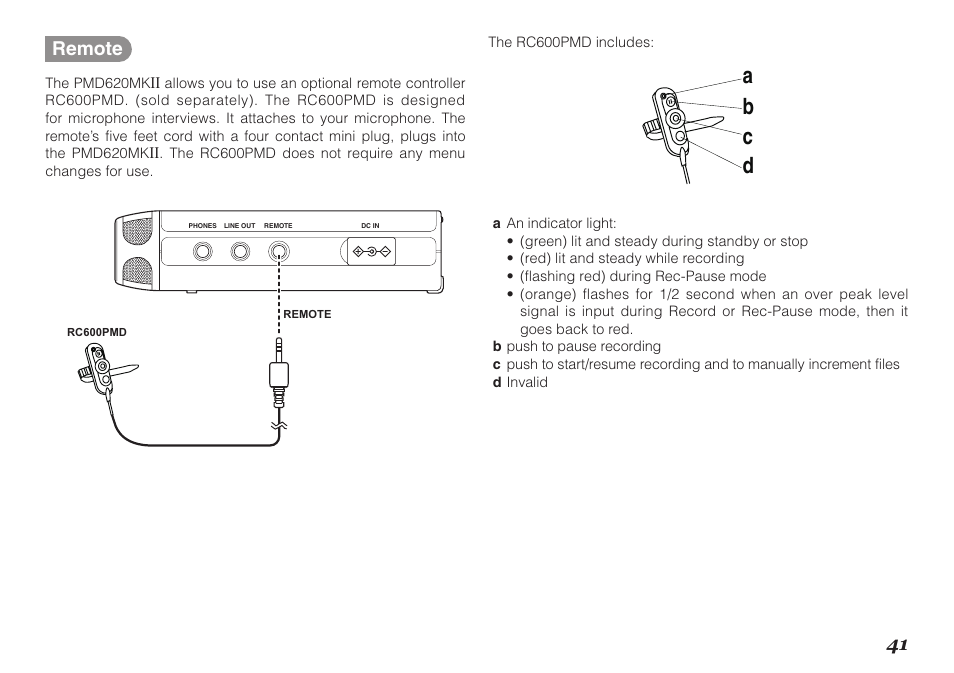 A b c d, 41 remote | Marantz PMD620MKII User Manual | Page 53 / 96