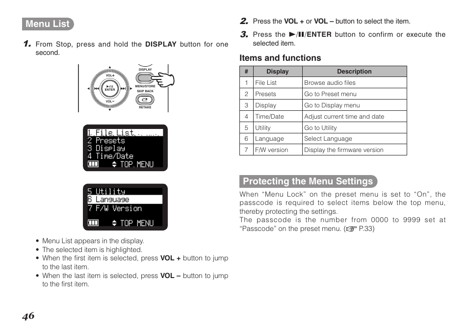 46 menu list, Protecting the menu settings, Items and functions | Marantz PMD620MKII User Manual | Page 58 / 96