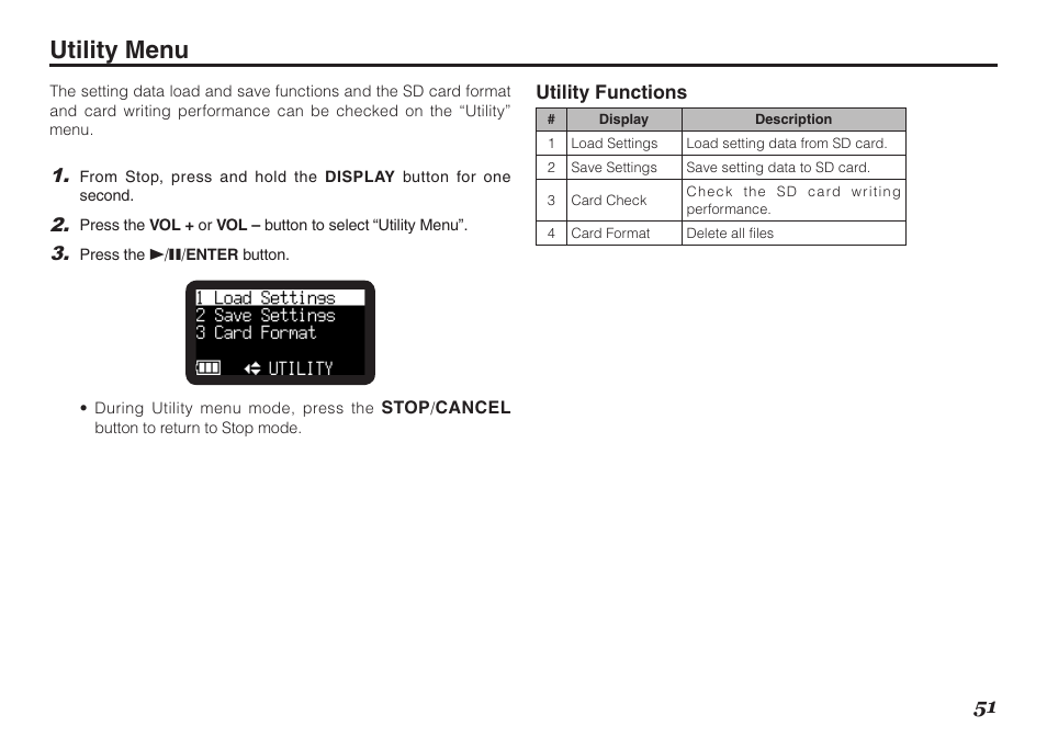 Utility menu | Marantz PMD620MKII User Manual | Page 63 / 96