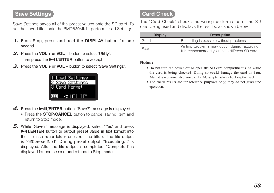 53 save settings, Card check | Marantz PMD620MKII User Manual | Page 65 / 96