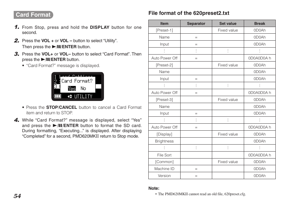 54 card format, File format of the 620preset2.txt | Marantz PMD620MKII User Manual | Page 66 / 96