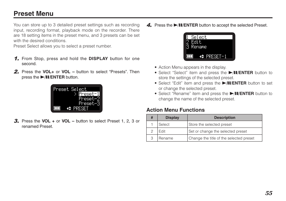 Preset menu | Marantz PMD620MKII User Manual | Page 67 / 96