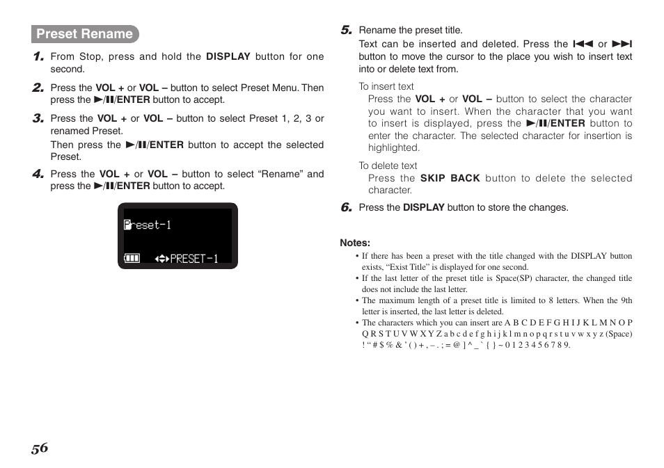 56 preset rename | Marantz PMD620MKII User Manual | Page 68 / 96