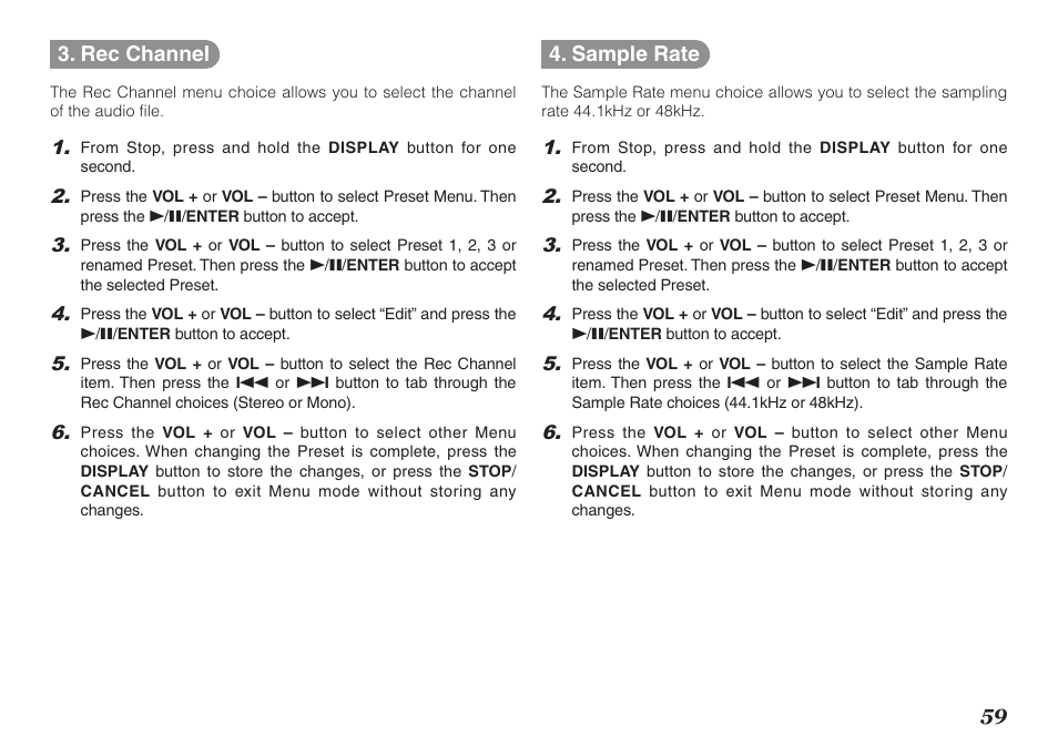 59 3. rec channel, Sample rate | Marantz PMD620MKII User Manual | Page 71 / 96