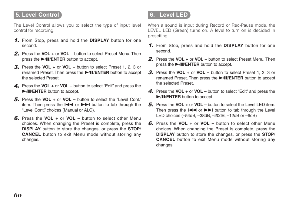 60 5. level control, Level led | Marantz PMD620MKII User Manual | Page 72 / 96