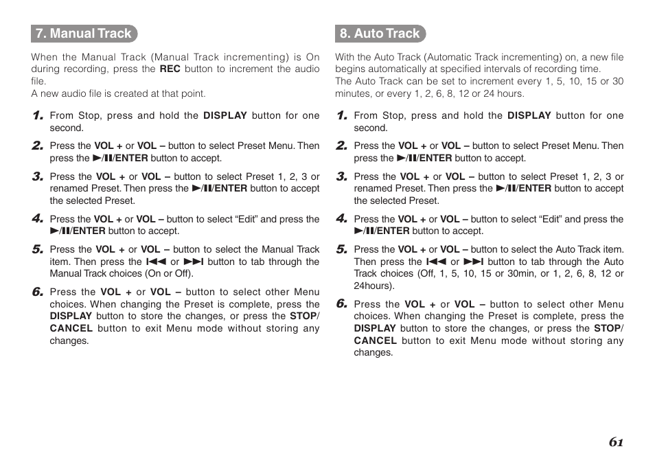 61 7. manual track, Auto track | Marantz PMD620MKII User Manual | Page 73 / 96