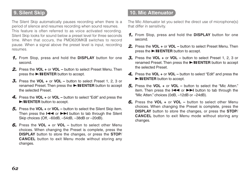 62 9. silent skip, Mic attenuator | Marantz PMD620MKII User Manual | Page 74 / 96