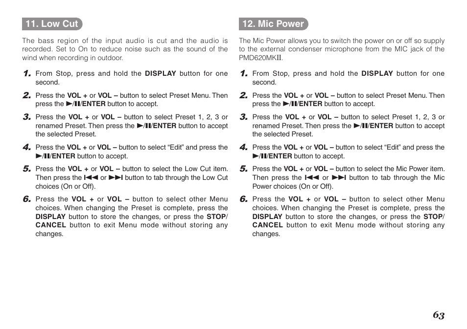 63 11. low cut, Mic power | Marantz PMD620MKII User Manual | Page 75 / 96