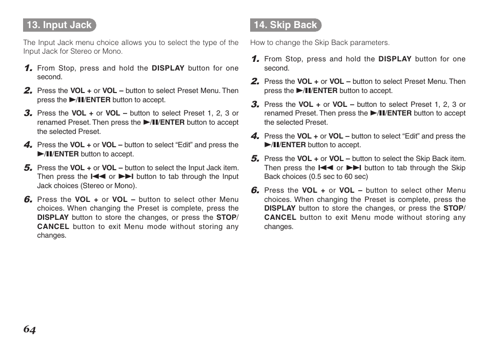 64 13. input jack, Skip back | Marantz PMD620MKII User Manual | Page 76 / 96