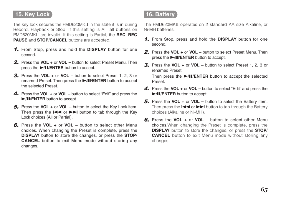 65 15. key lock, Battery | Marantz PMD620MKII User Manual | Page 77 / 96