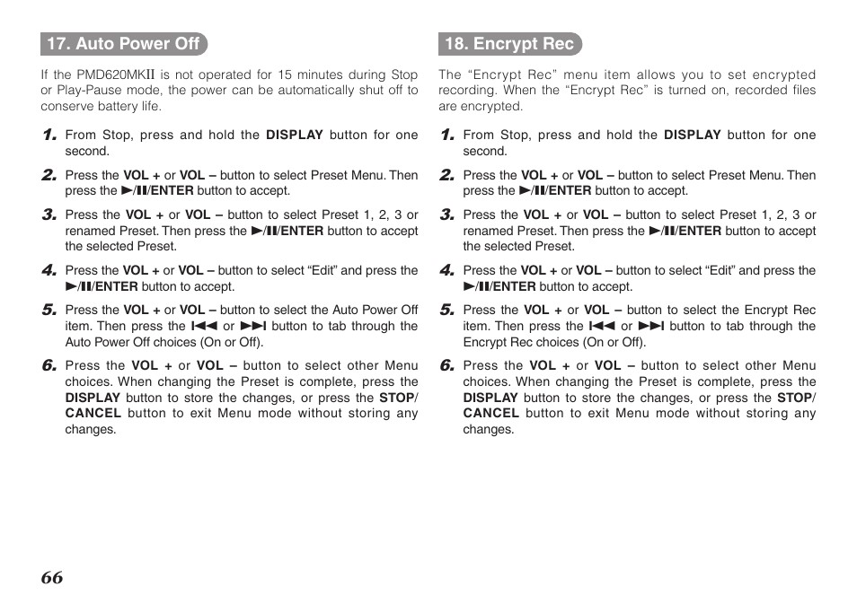 66 17. auto power off, Encrypt rec | Marantz PMD620MKII User Manual | Page 78 / 96