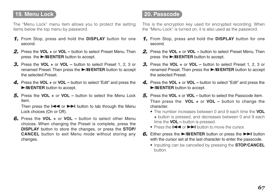 67 19. menu lock, Passcode | Marantz PMD620MKII User Manual | Page 79 / 96