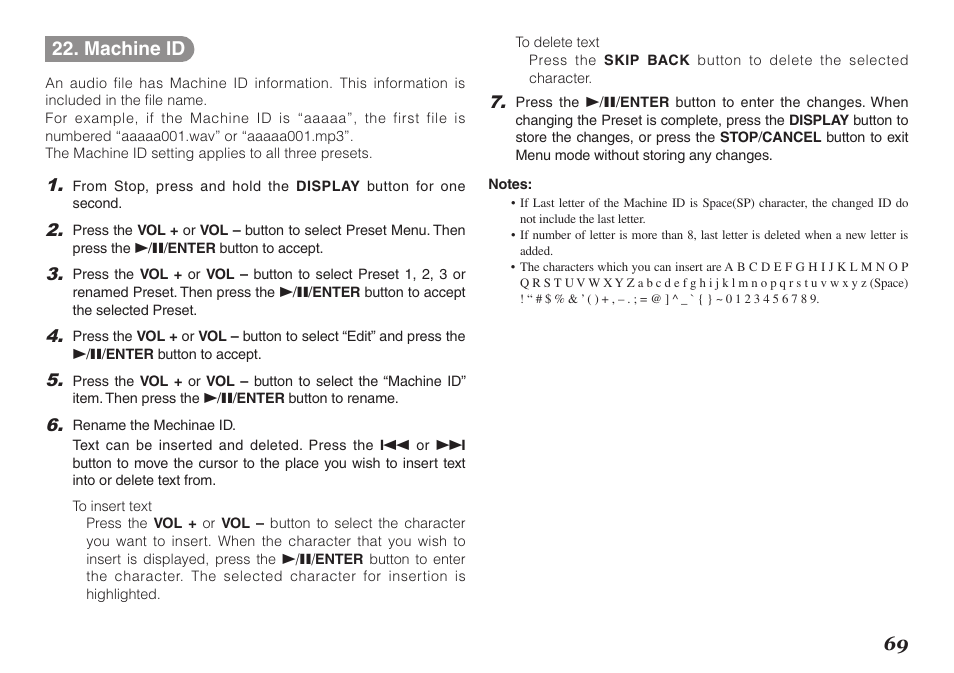 69 22. machine id | Marantz PMD620MKII User Manual | Page 81 / 96