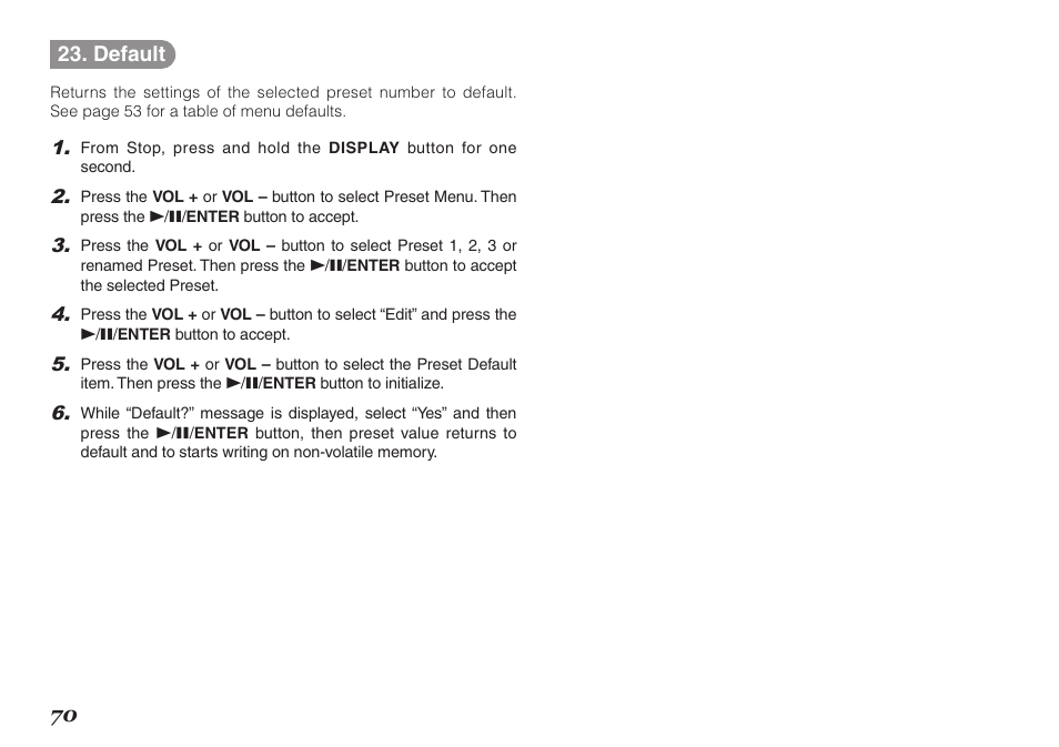 70 23. default | Marantz PMD620MKII User Manual | Page 82 / 96