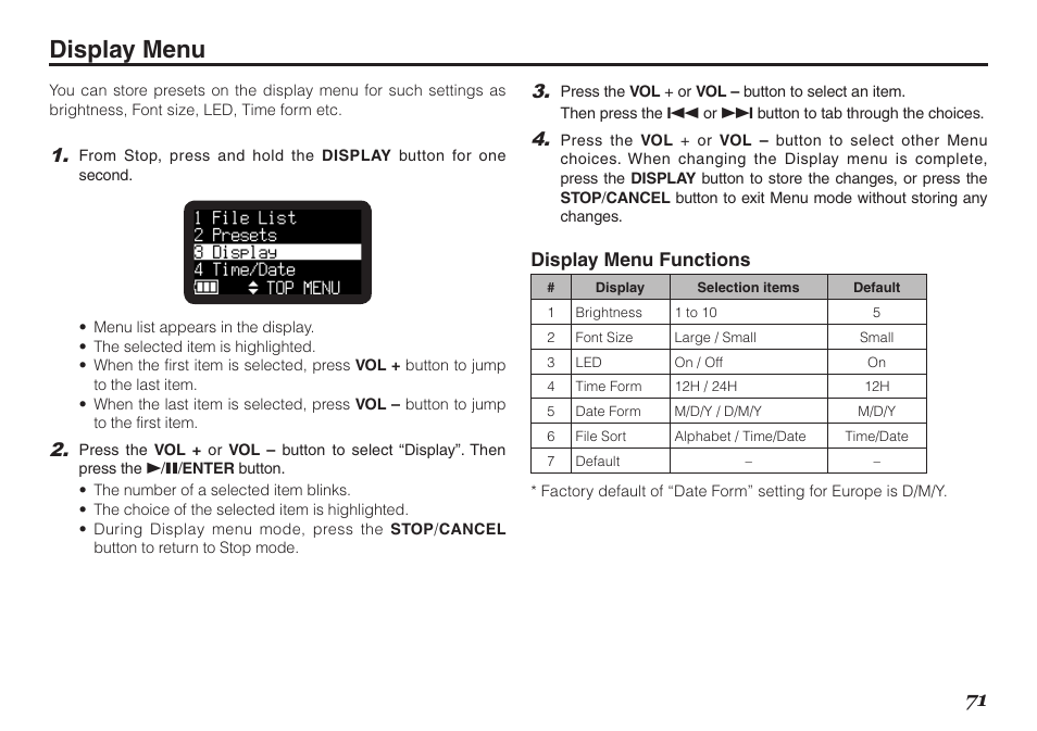 Display menu, Display menu functions | Marantz PMD620MKII User Manual | Page 83 / 96