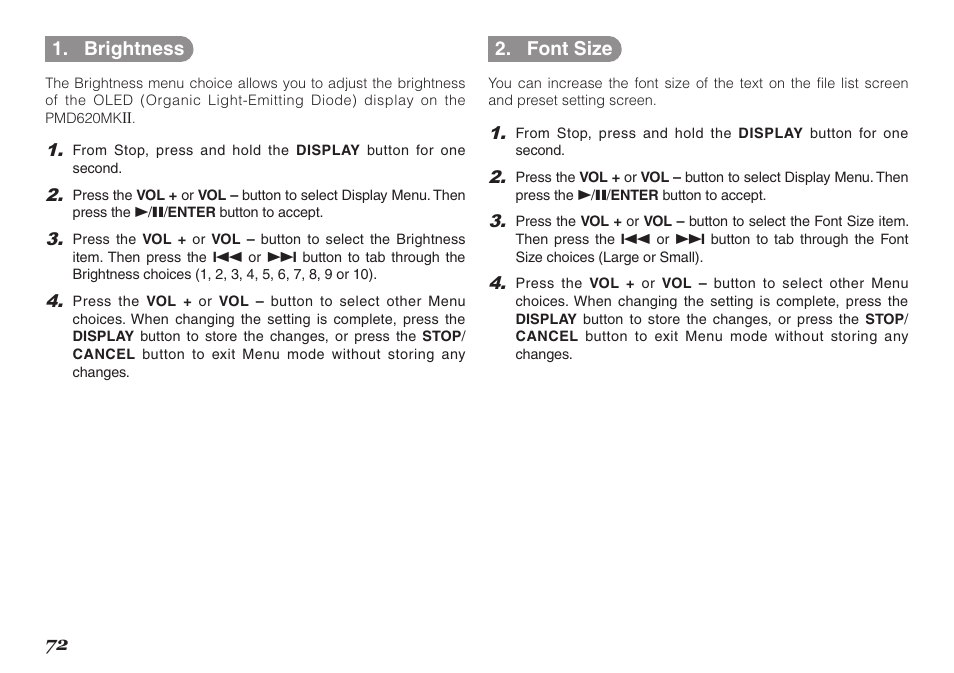 72 1. brightness, Font size | Marantz PMD620MKII User Manual | Page 84 / 96