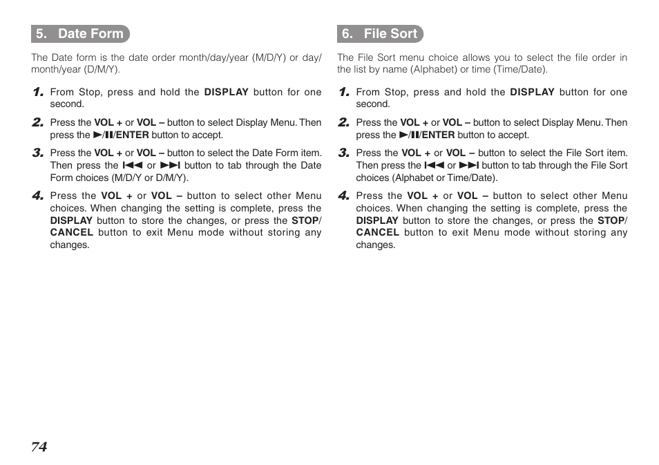 74 5. date form, File sort | Marantz PMD620MKII User Manual | Page 86 / 96