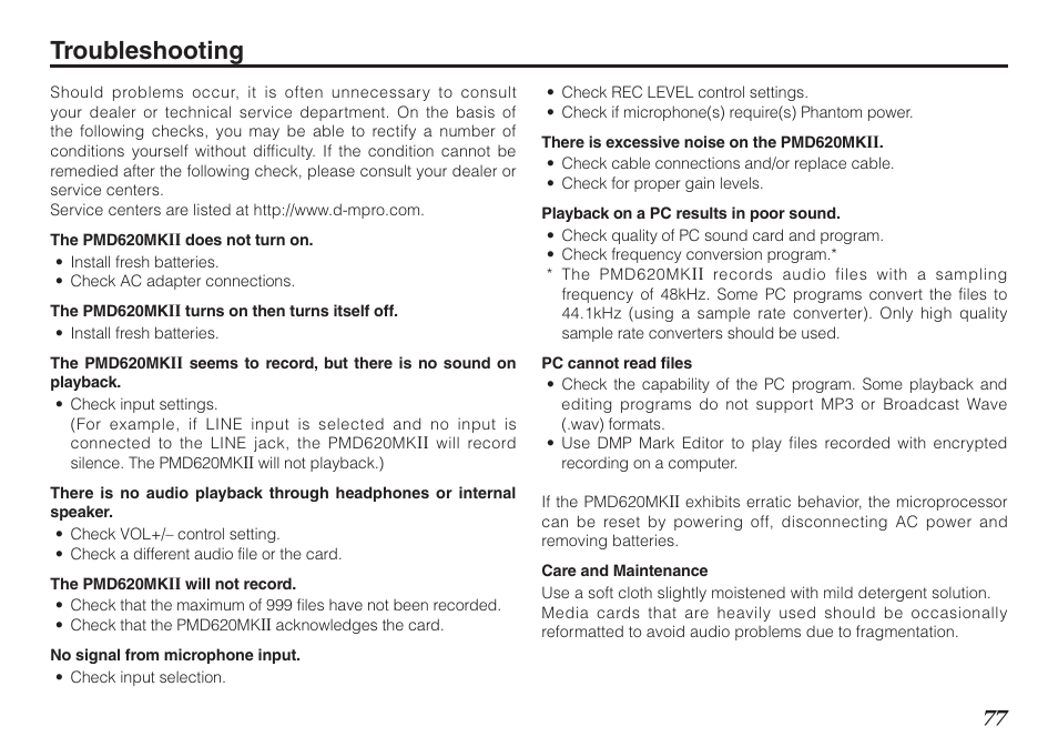 Troubleshooting | Marantz PMD620MKII User Manual | Page 89 / 96