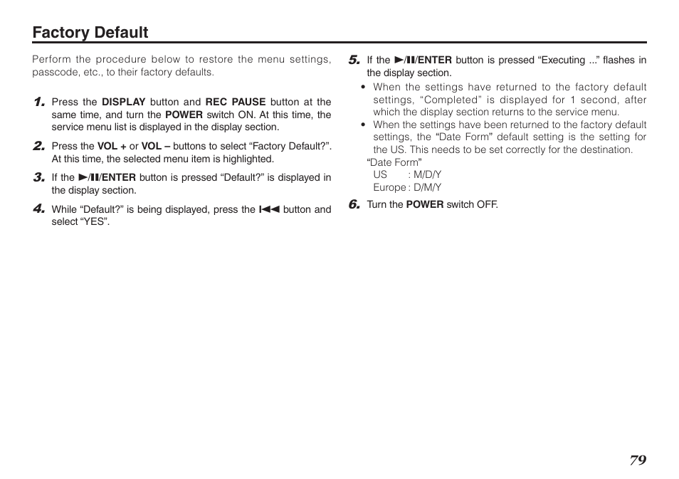 Factory default | Marantz PMD620MKII User Manual | Page 91 / 96