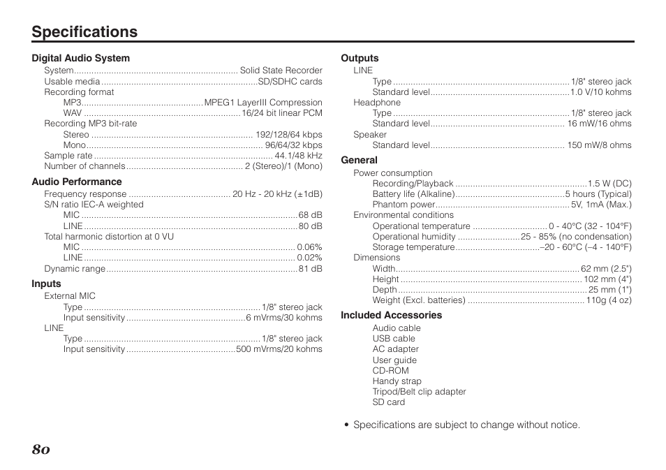 Specifications | Marantz PMD620MKII User Manual | Page 92 / 96