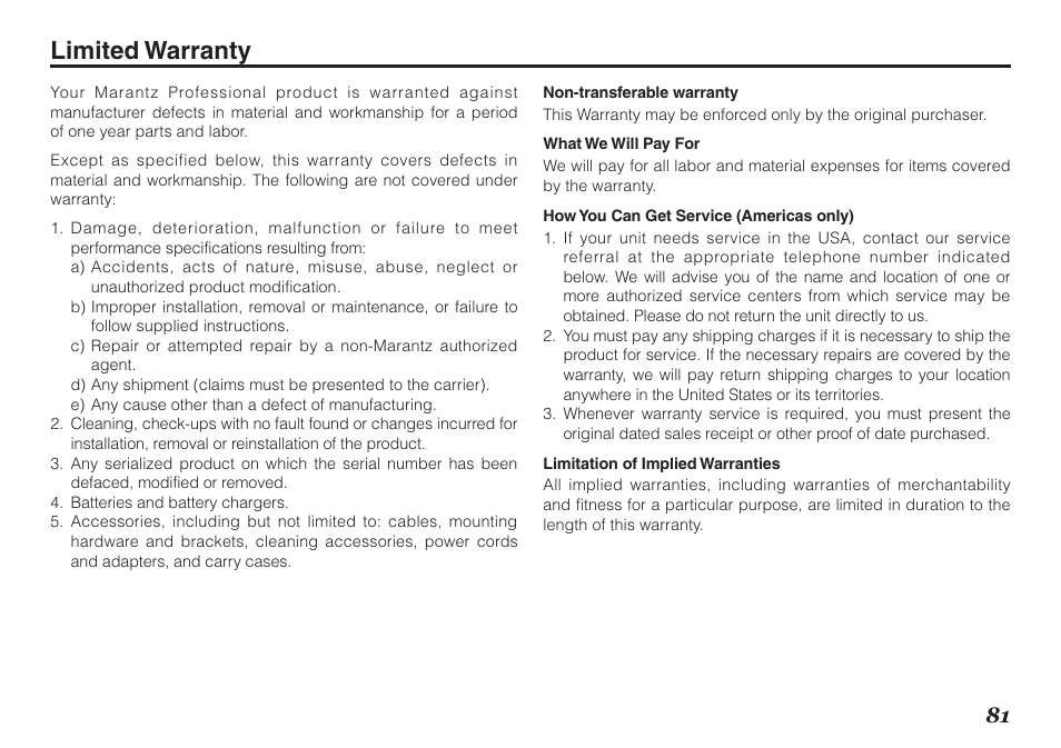 Limited warranty | Marantz PMD620MKII User Manual | Page 93 / 96