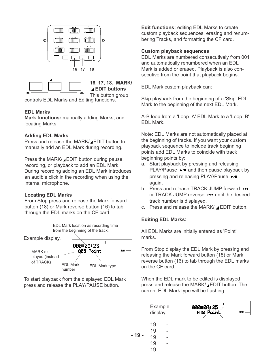 Example display, Mark dis- played (instead of track) | Marantz PMD670 User Manual | Page 19 / 53