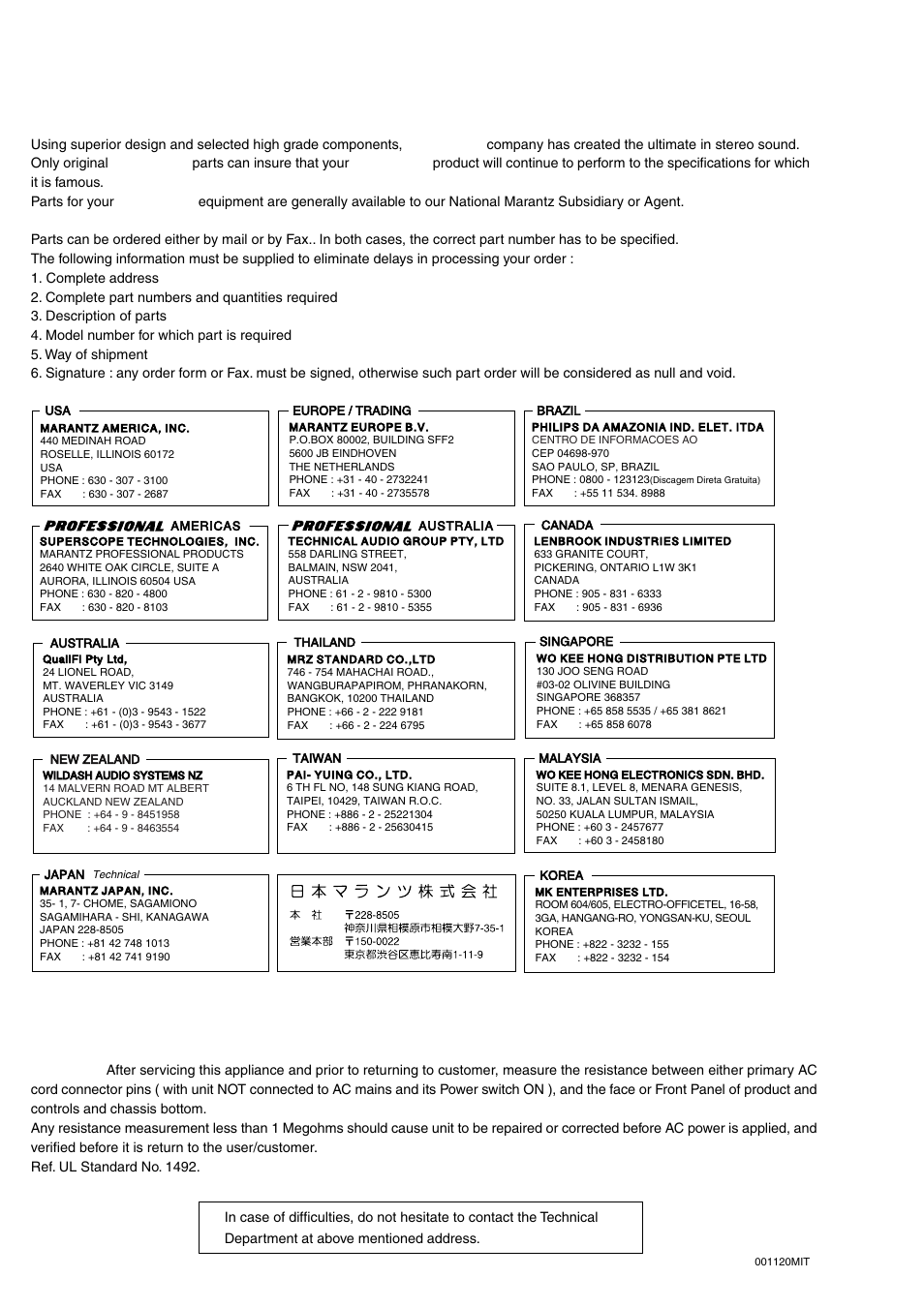 Marantz design and service, Marantz, Ordering parts | Shock, fire hazard service test | Marantz MAR770 User Manual | Page 2 / 45