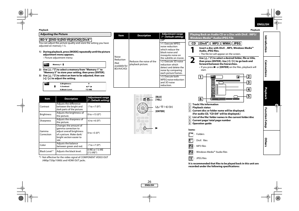 Adjusting the picture, Playing back an audio cd or a disc with divx®/mp3, Windows media™ audio/jpeg file | Playing back an audio cd or a disc with, Divx®/mp3/windows media™ audio/jpeg file | Marantz 541110331126M User Manual | Page 29 / 53