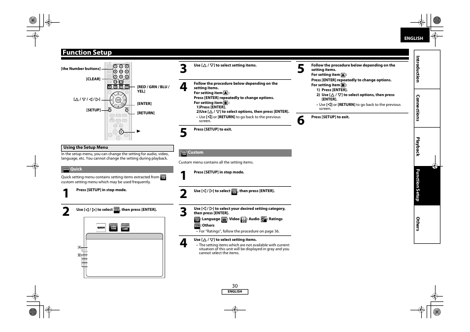 Unction setup, Function setup, Using the setup menu | Quick custom | Marantz 541110331126M User Manual | Page 33 / 53