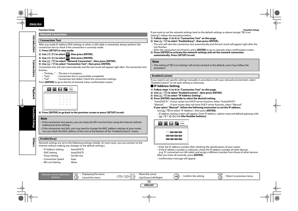 Network connection, Connection test enable(easy) enable(custom), Ip address setting | Marantz 541110331126M User Manual | Page 42 / 53