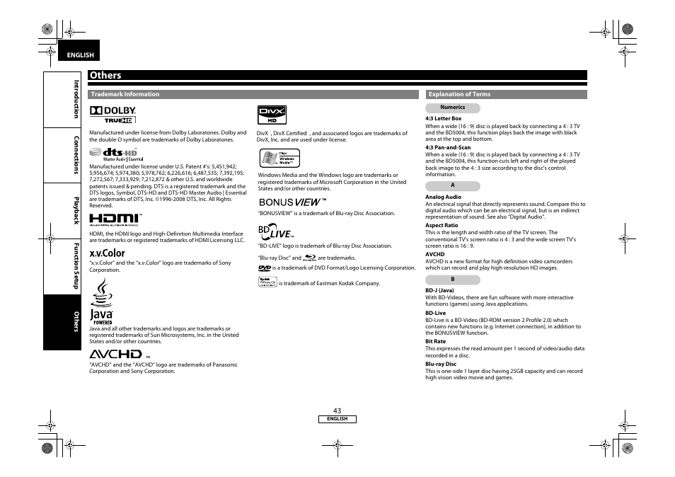 Thers, Others, Trademark information explanation of terms | Marantz 541110331126M User Manual | Page 46 / 53