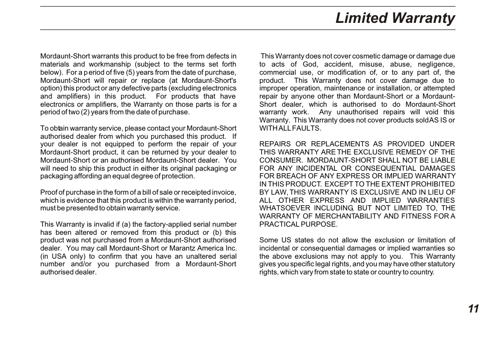 Limited warranty | Marantz MS308 User Manual | Page 11 / 12