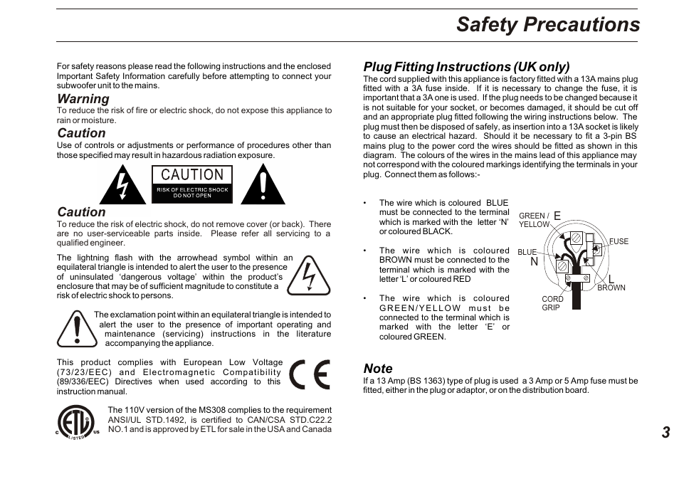 Safety precautions, Warning, Caution | Plug fitting instructions (uk only) | Marantz MS308 User Manual | Page 3 / 12