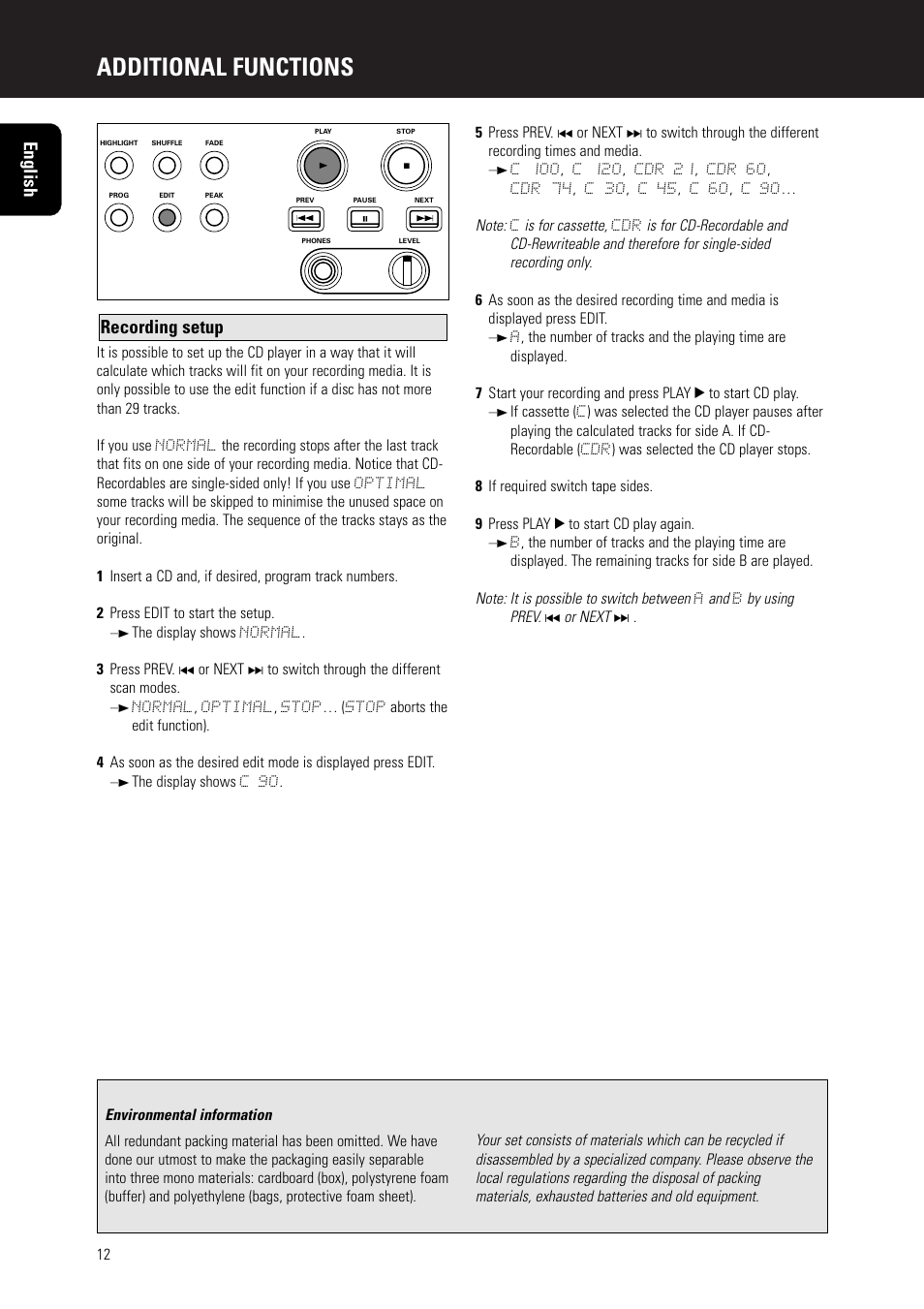 Additional functions, Recording setup english | Marantz CD5000 User Manual | Page 12 / 14