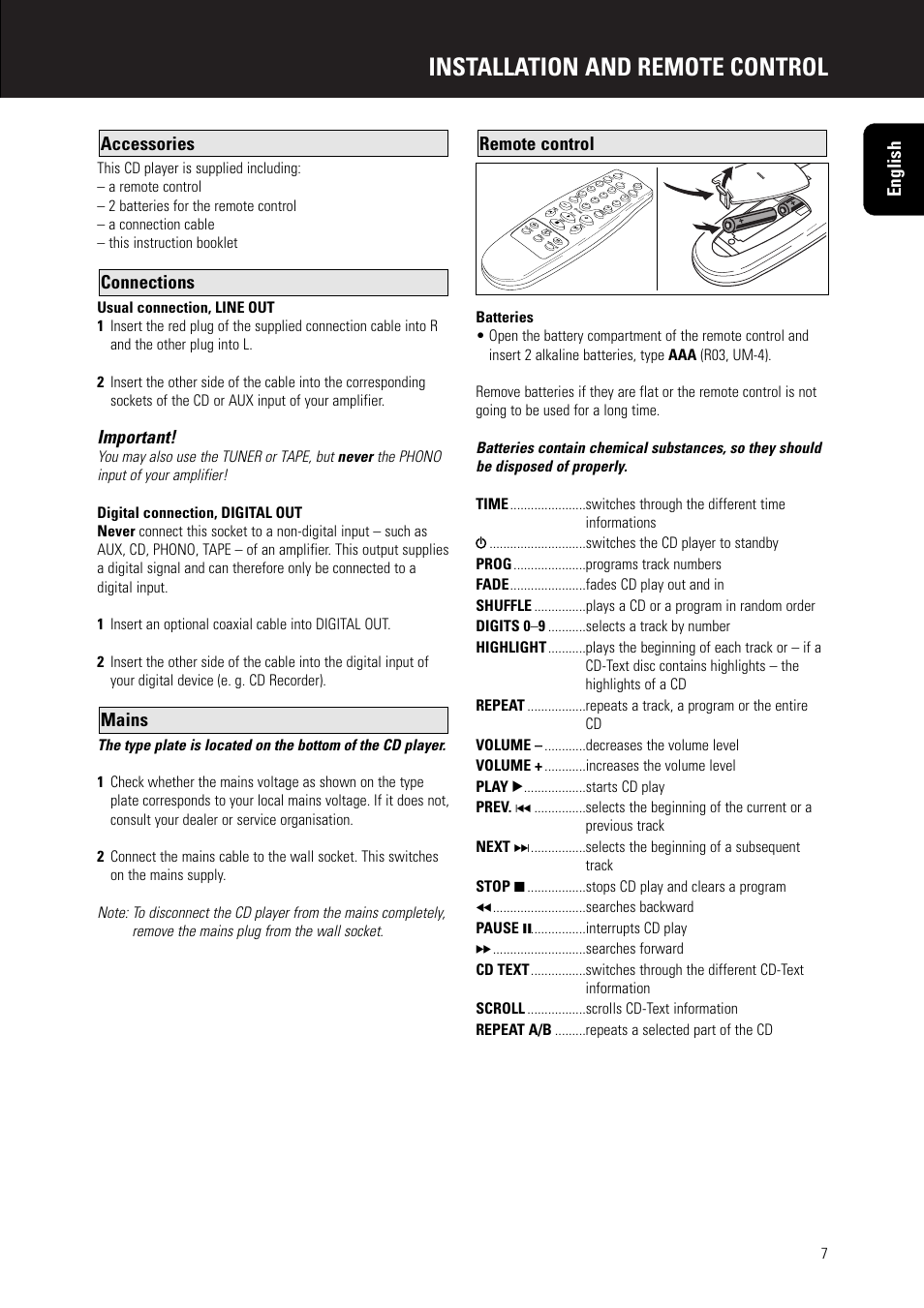 Installation and remote control, Important | Marantz CD5000 User Manual | Page 7 / 14