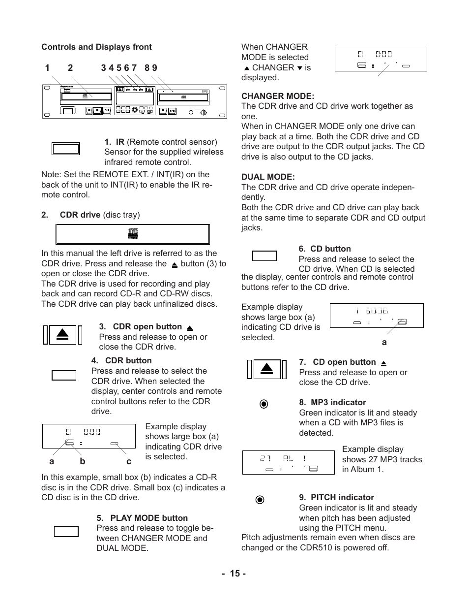 A b c, Controls and displays front, When changer mode is selected changer is displayed | Marantz CDR510 User Manual | Page 15 / 57